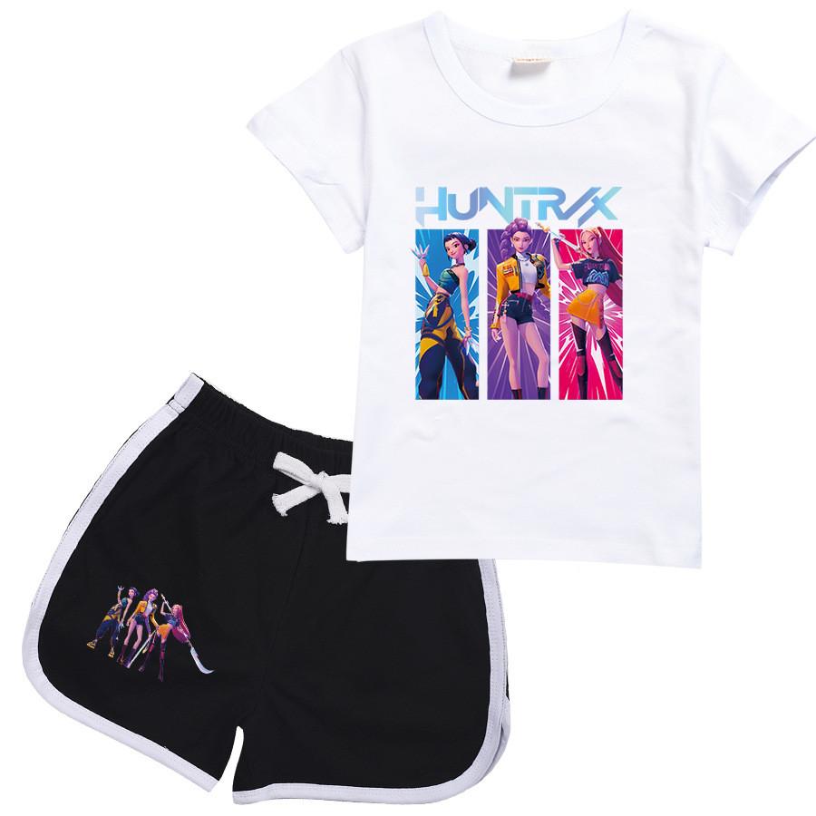 Kids Girls Anime Cartoon POP Singer Rumi Zoey Mira Printed Casual Short Sleeves T-Shirt Shorts Clothes Set