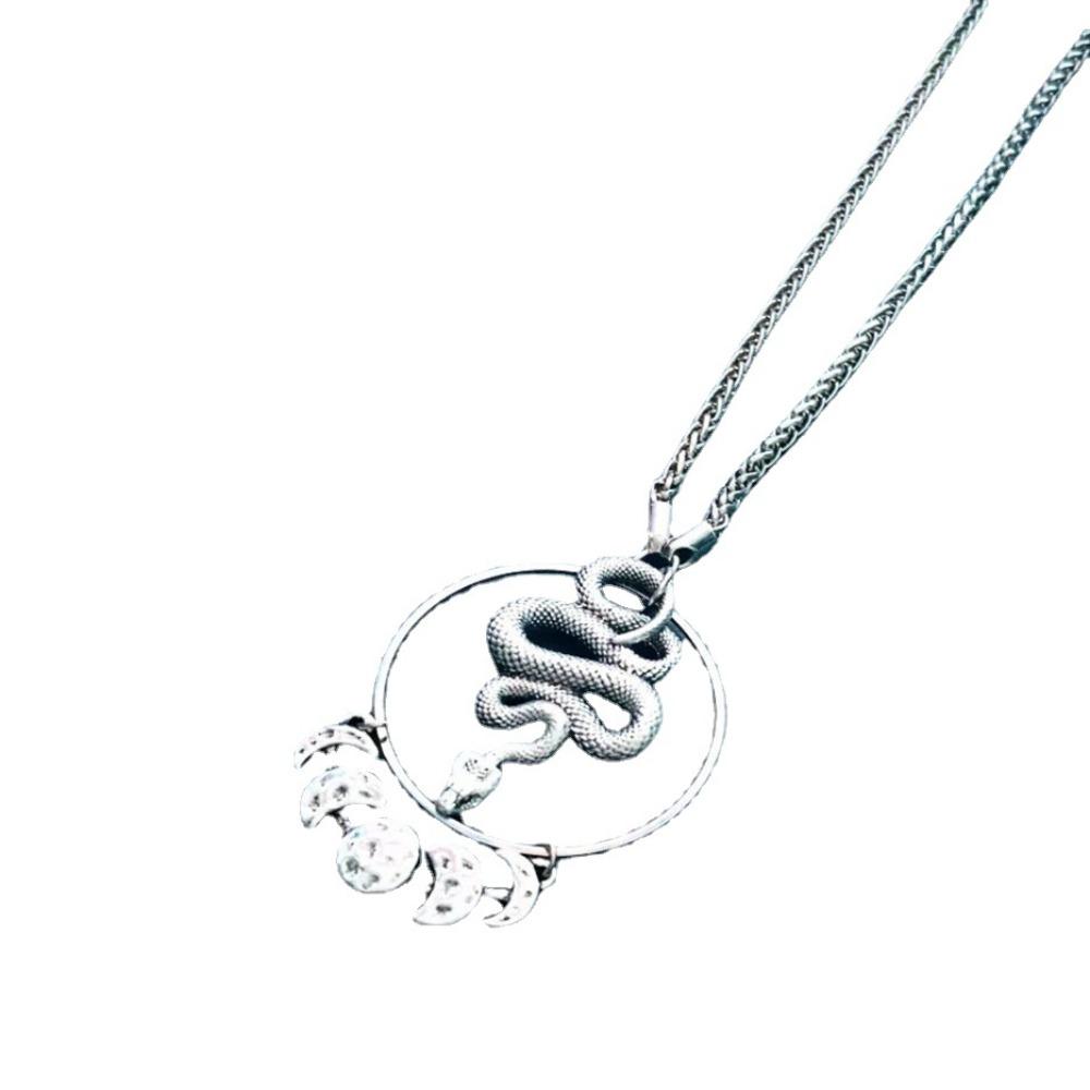 Gothic Sliver Color Moon Phase Reborn Snake Pendant Popcorn Chain Necklace for Women Halloween Party Collar Chain Jewelry Gift