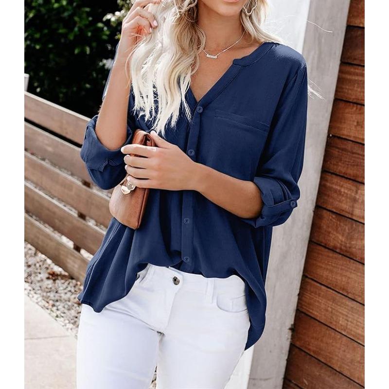 Women's Fashion Solid Color Long Sleeve Blouse Loose Shirt