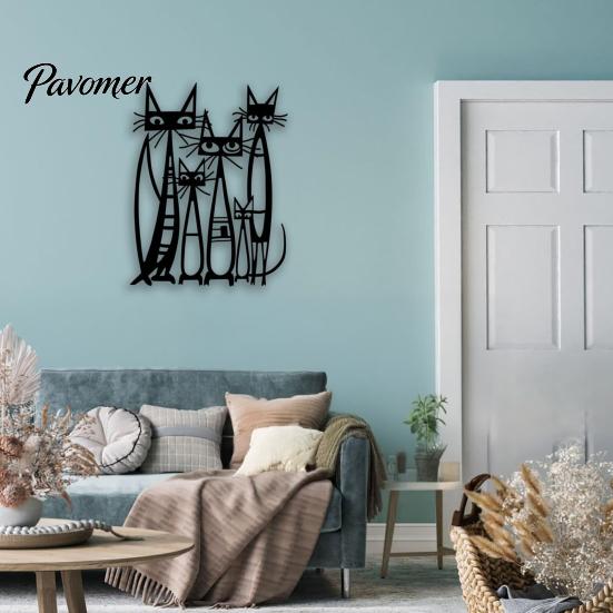 Artistic Iron Wall Decor Metal Cartoon Cat Art for Living Room Bedroom, Creative Black Silhouette Sculpture, Minimalist Animal Hanging Ornament