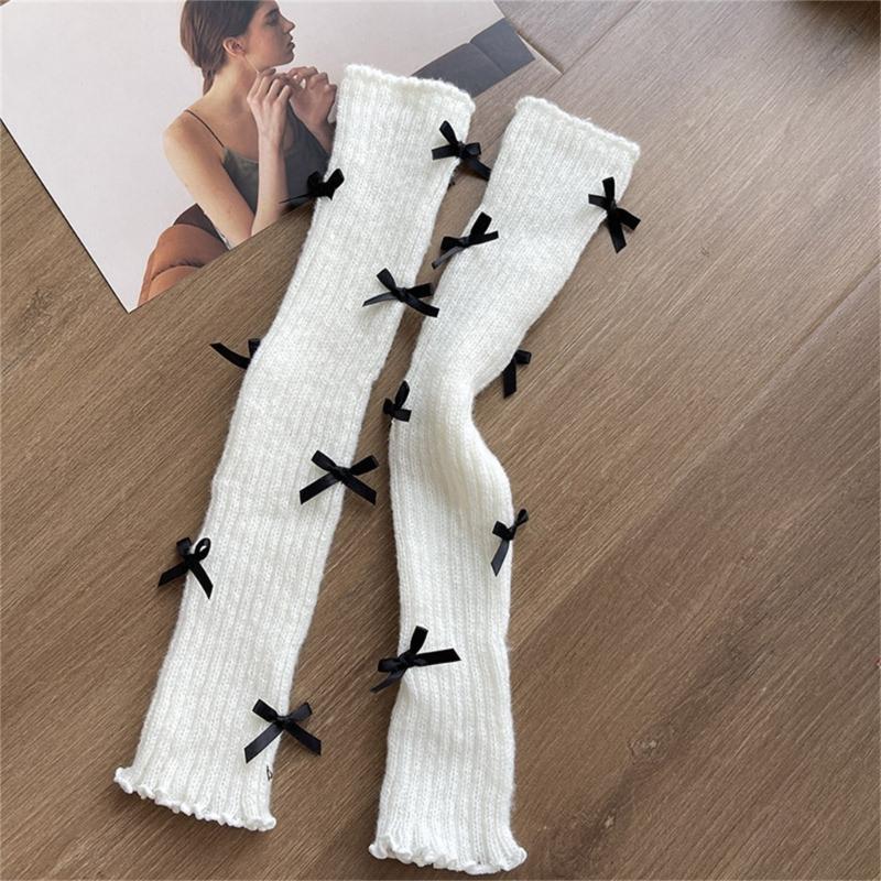 Women Girls Ribbed Knit Solid Color Leg Warmer Aesthetic Elegant Sweet Bowknot Footless Long Socks Ruffled Leg Covers