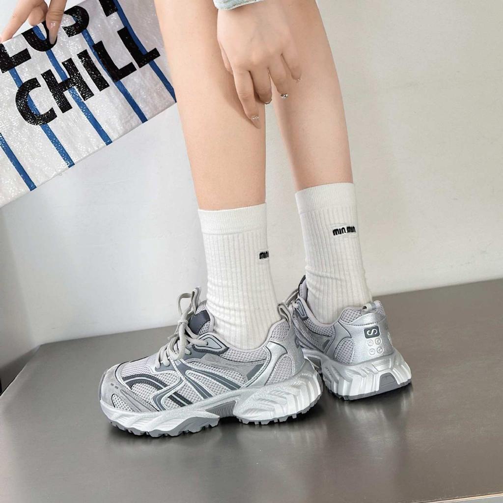 Thick-soled Leather Mesh Breathable Dad Shoes Women's 2025 New Height-increasing Versatile Outdoor Mountaineering Sports Shoes Running Shoes Tide