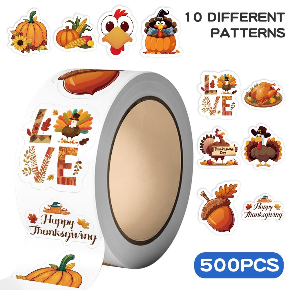 

500-Sheet Roll: Thanksgiving Turkey Stickers for DIY Crafts, Notebook Decor, and Envelope Sealing JJT119