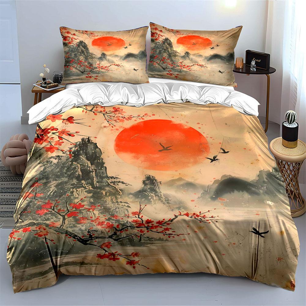 Red sun, birds, mountains. Bedding sets Duvet cover sets Duvet covers Pillowcases(1 * Duvet Cover 2 * Pillowcases without duvet insert)