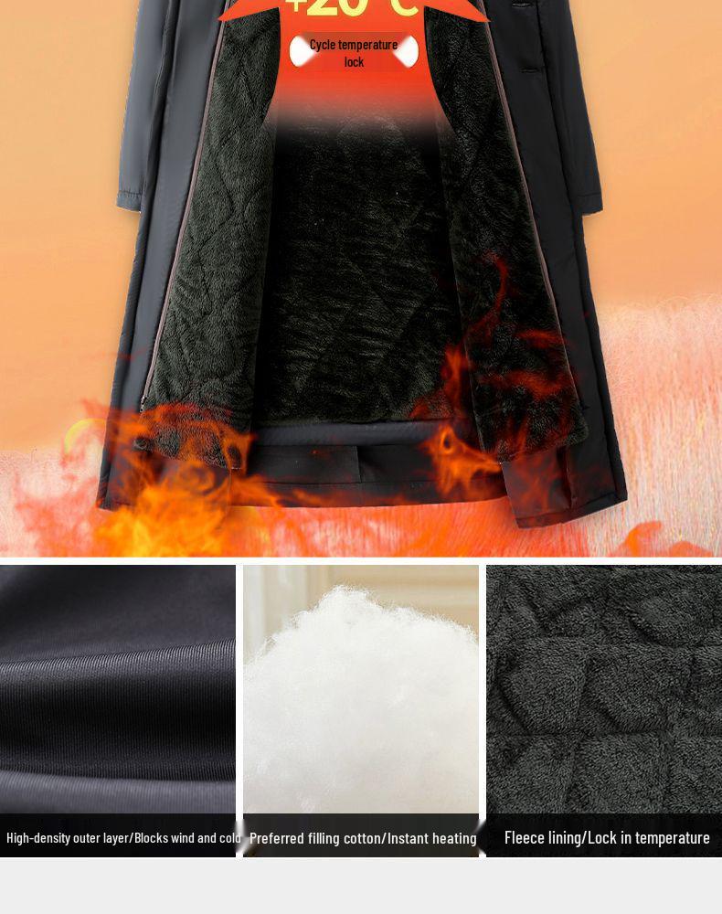 Men's Extra Long Winter Coat - Army Green, Waterproof, Windproof, Thickened Cotton with Removable Velvet Lining, Coldproof for Northeast Winters.