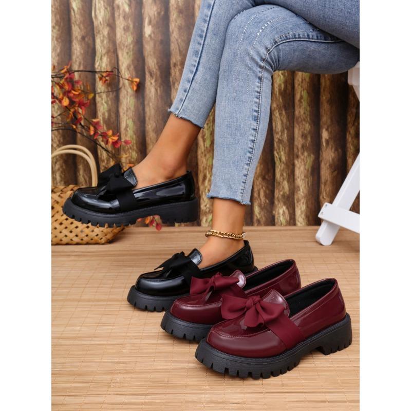 Mocassins pour femmes 2025 Bout rond Semelle plateforme Nœud papillon Une seule chaussure pour femmes Mode Tout-match Chaussures en cuir de style britannique