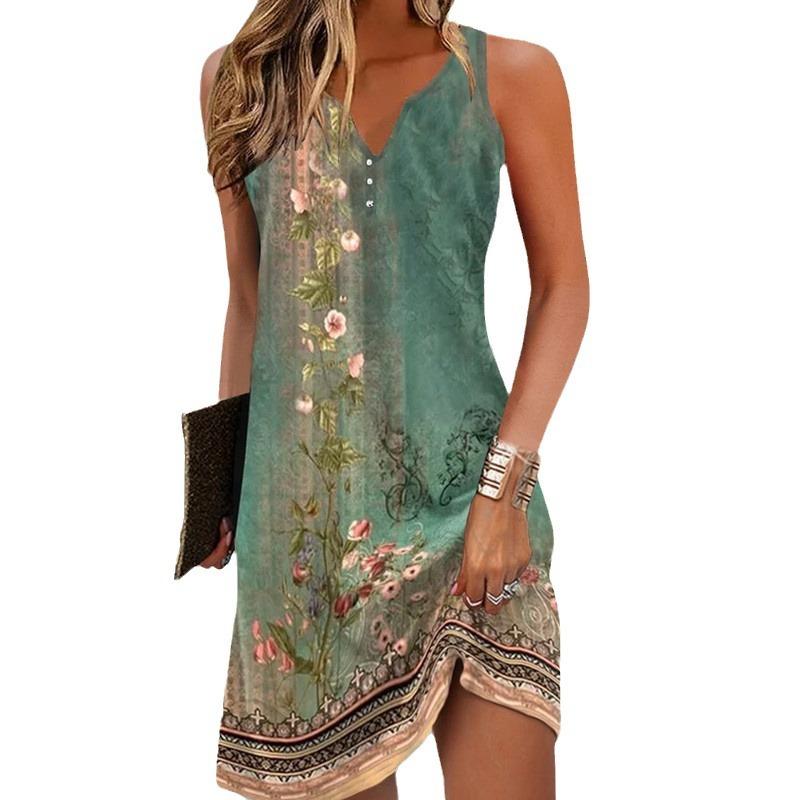 Women Casual Beach Summer Loose V-neck Sleeveless Cotton Tank Top Dress