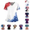 Women's Independence Day Print V-Neck Double Pocket Short Sleeve Uniform with Slit Hem - Caregiver Top