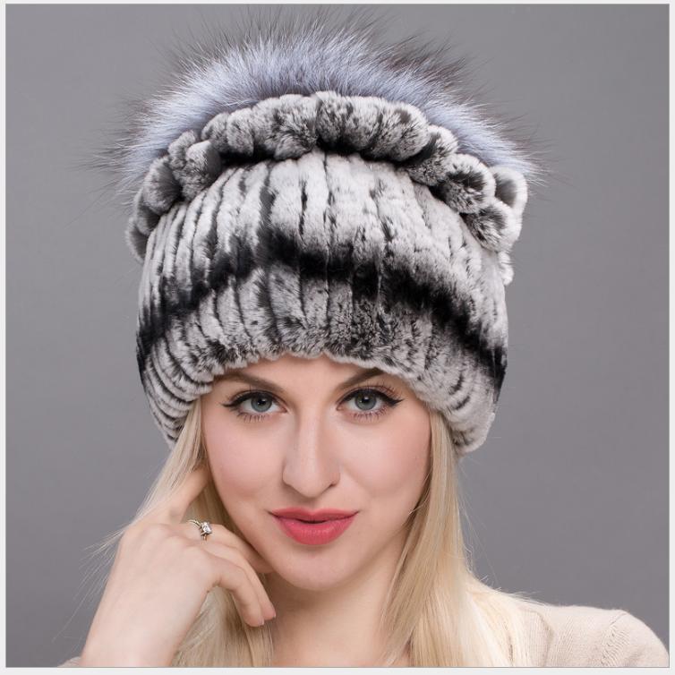 High Quality Knitted Winter Hats Real  Rabbit Fur Bucket Rabbit Fur Hat серый