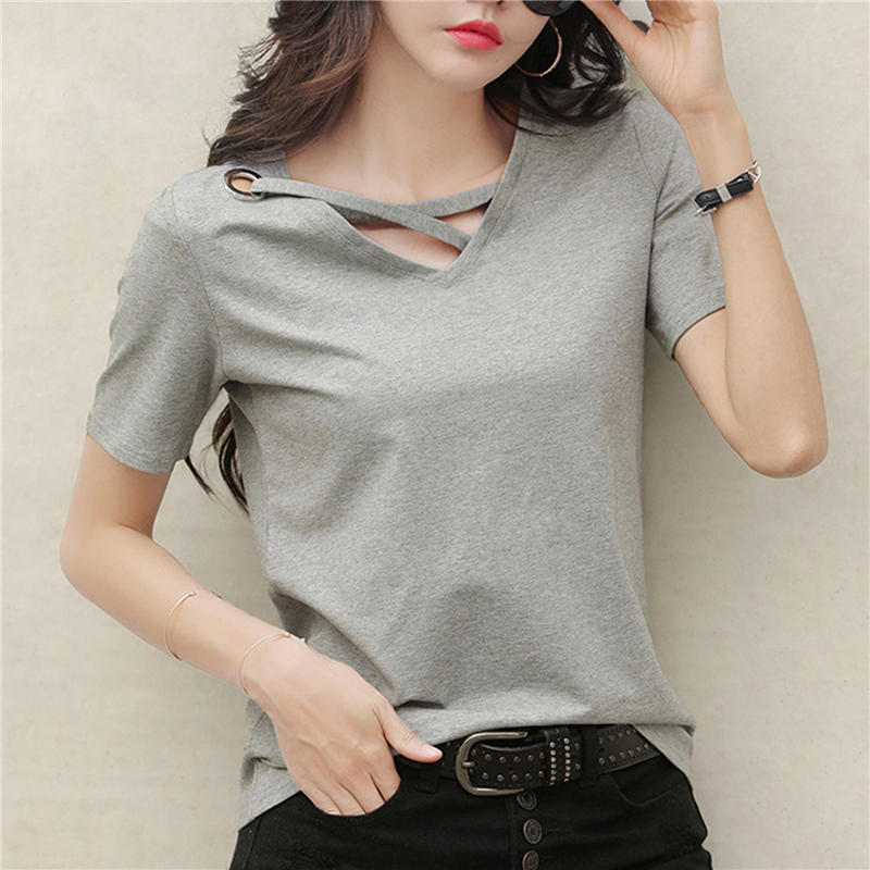 Women Summer Short-Sleeved V-Neck Top Loose Korean Style Casual Sexy T-Shirt