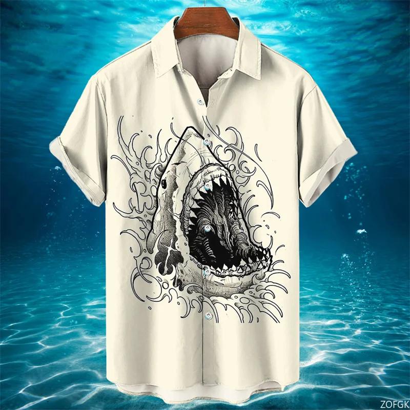 Camicia Hawaiana Uomo Estate Casual Stampa Squalo Animale 3D Moda Manica Corta Mondo Marino Larga Blusa Street Abbigliamento