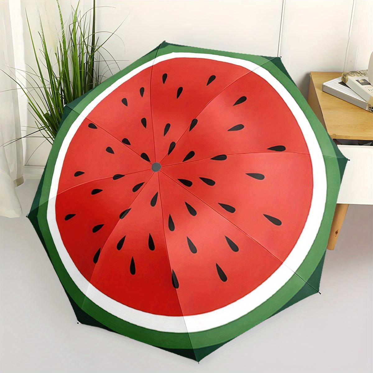 Automatic Open/Close Umbrella - Watermelon Slice Design with Red & Green, Portable Folding Umbrella, Compact Travel Umbrella f