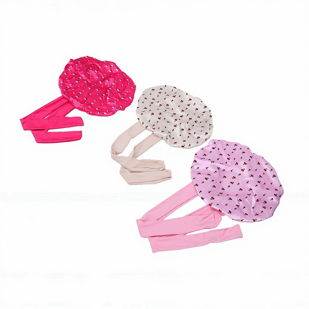 3pcs Satin Sleep Bonnet Double Layer Adjustable Elastic Band Wide Design Cherry Print Silk Bonnet
