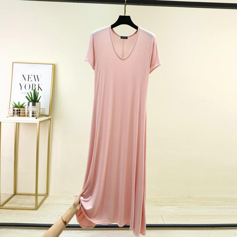 Loose V-Neck Short-Sleeve Modal Nightdress for Plus-Size Women - Spring/Summer Long Slit Skirt Style