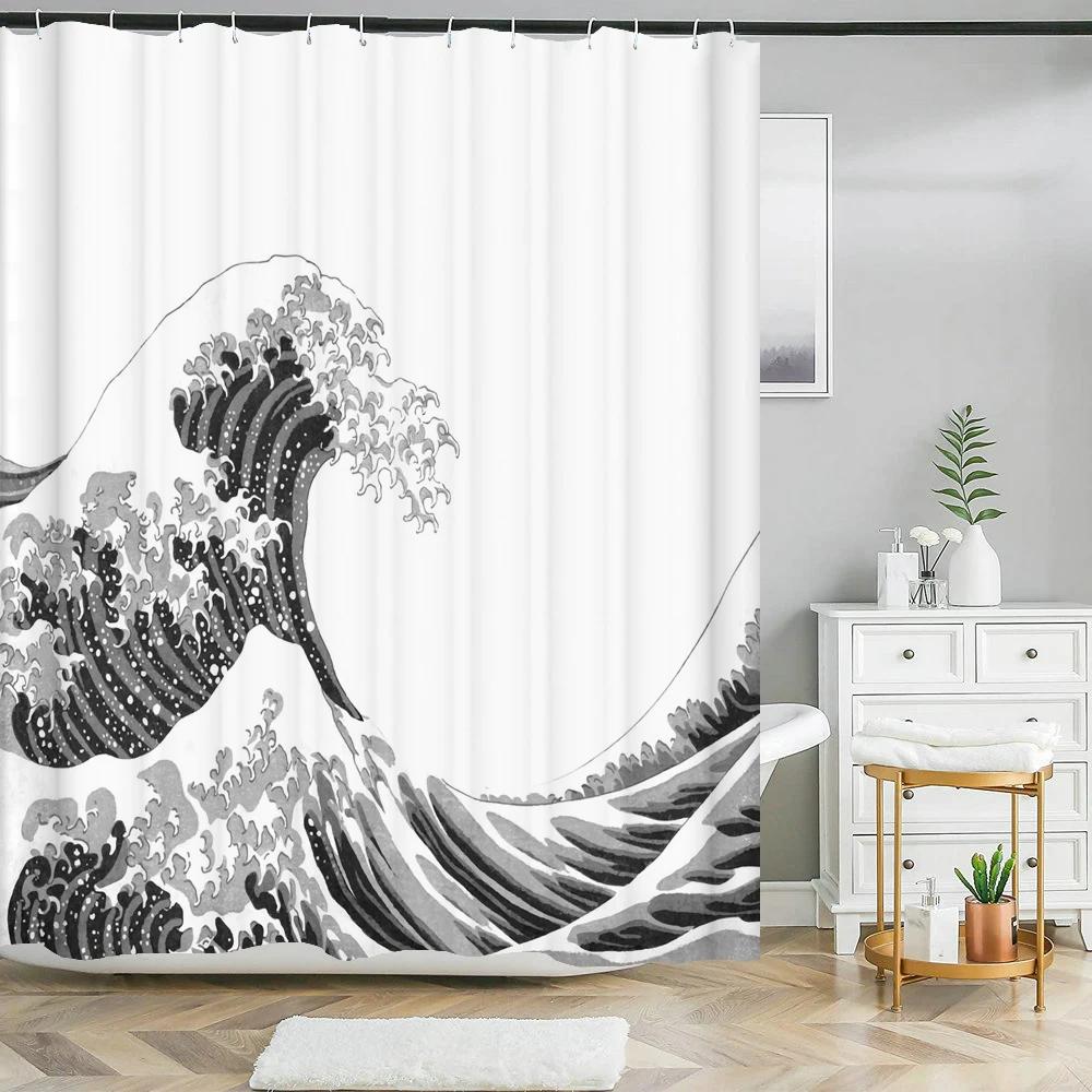 Japanese Style Sea Waves Shower Curtain Bathroom Curtain with Hooks Waterproof Fabric Bath Curtain for Home Bathroom Decor