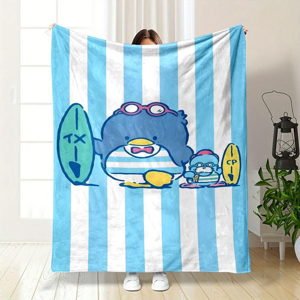 Blue and white vertical stripes with cartoon characters holding surfboards. for all seasons blanket lunch break throw gift