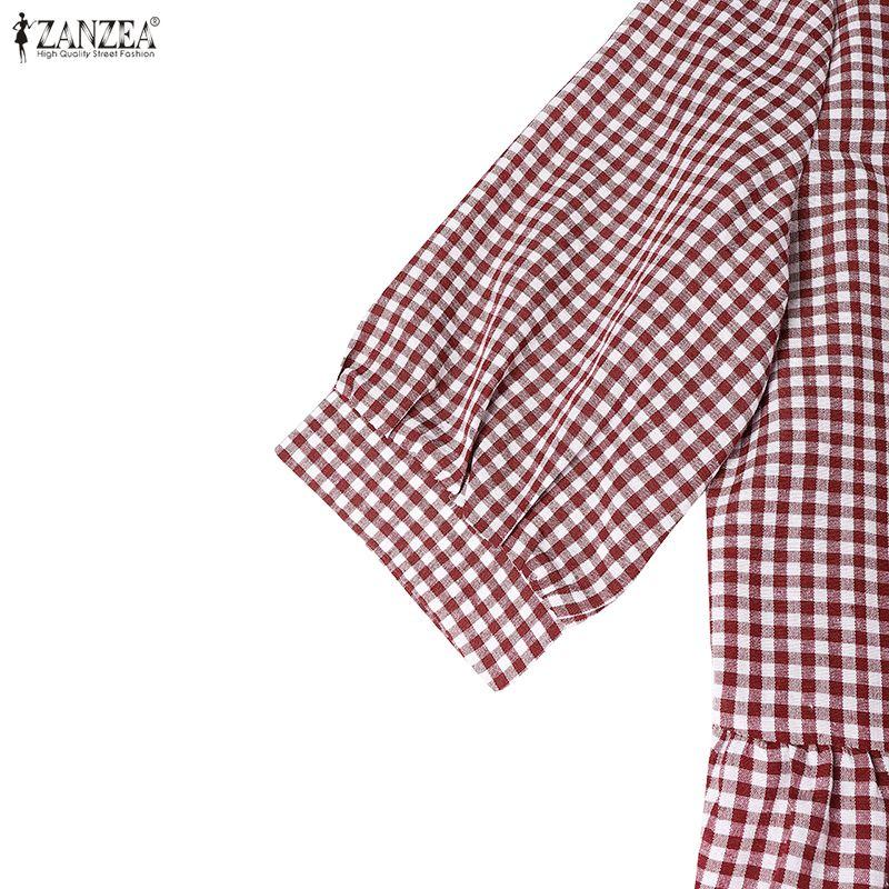 ZANZEA Women Plaid Print Casual Round Neck Loose Half Sleeve Dress