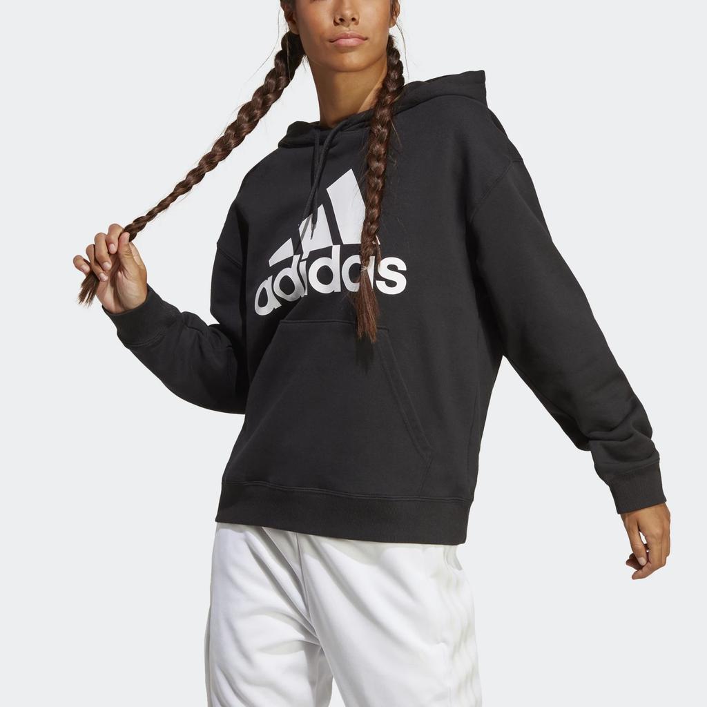 Adidas Logo Print Drawstring Hoodie Women Tops Black HR4934