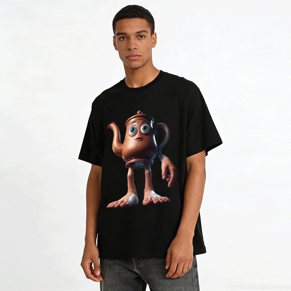 Funny Anthropomorphic Copper Kettle Print Casual Top Pure Cotton T-shirt