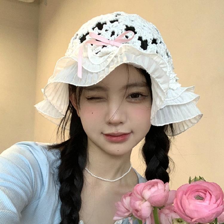 Breathable Knitted Bucket Hat Girl Crochet Fisherman Hat with Pleated Trim