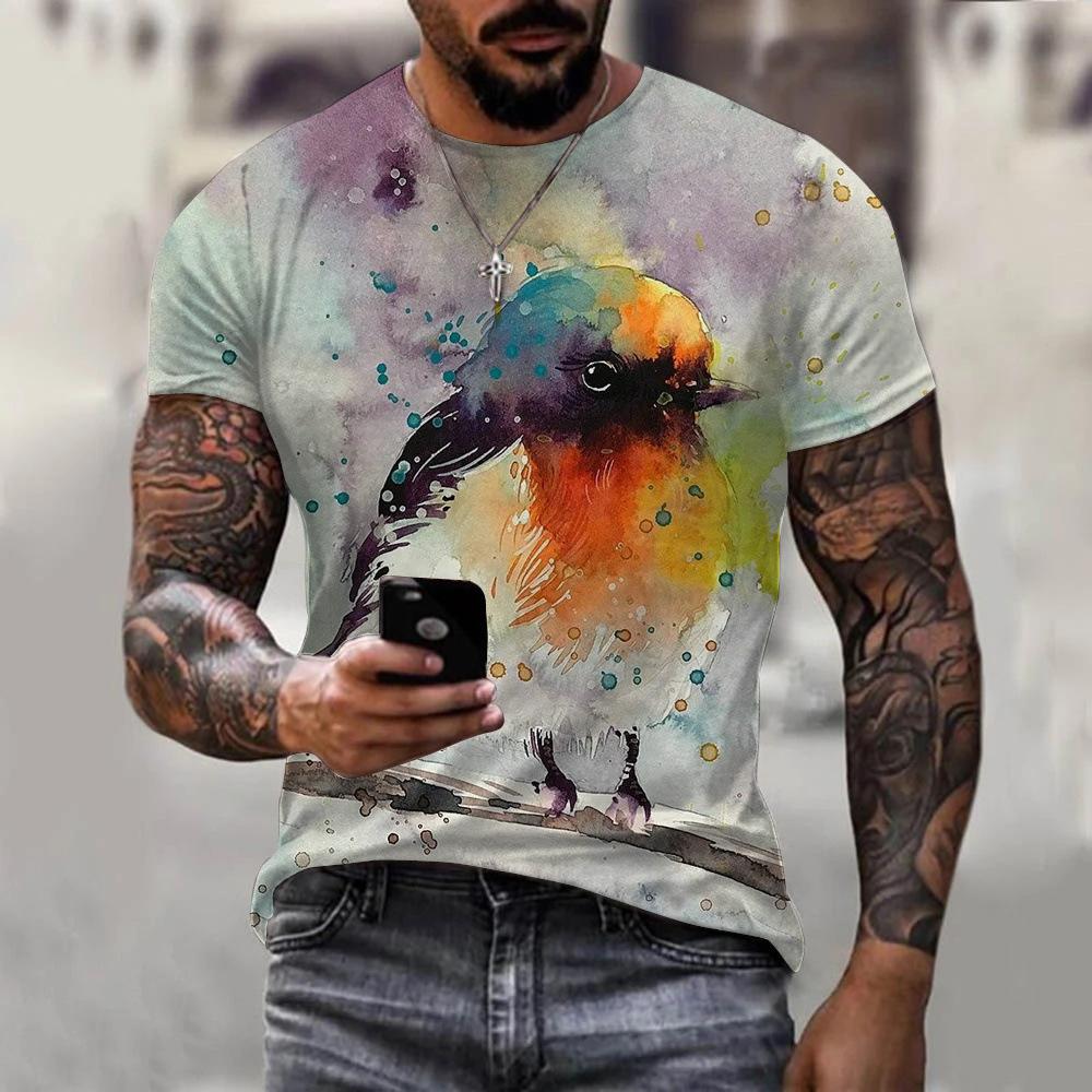 T-shirt Men's 3D Printed Bird Animal Ink Painting Pattern Summer Men And Women Fashion Casual Oversized Crew Neck T-shirt Top