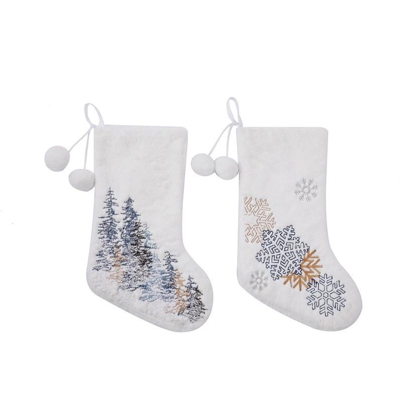 Decorative Stocking Christmas With Plush Fabric Embellished With Snowflake Embroidery And Poms Pom