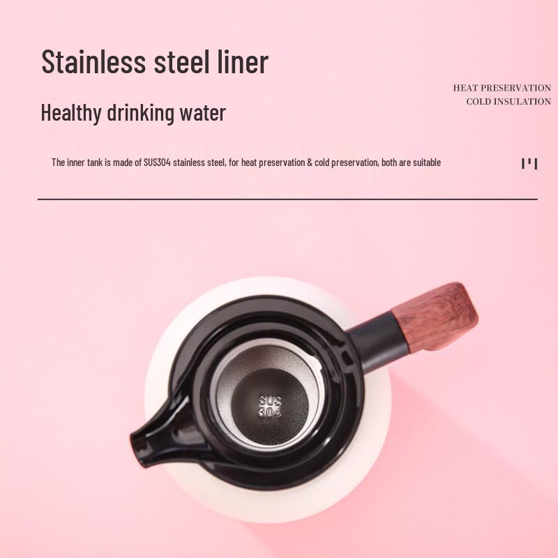 Large Capacity 304 Stainless Steel Insulated Teapot with Wood Grain Handle for Home and Office.