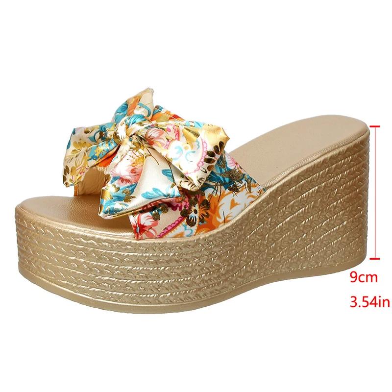 

Fashion Printed Bowknot Chunky Platform Sandals Women 2025 Summer Thick Bottom Beach Slippers Woman Plus Size Fashion Wedge Heel Sandals 43 абрикосовый