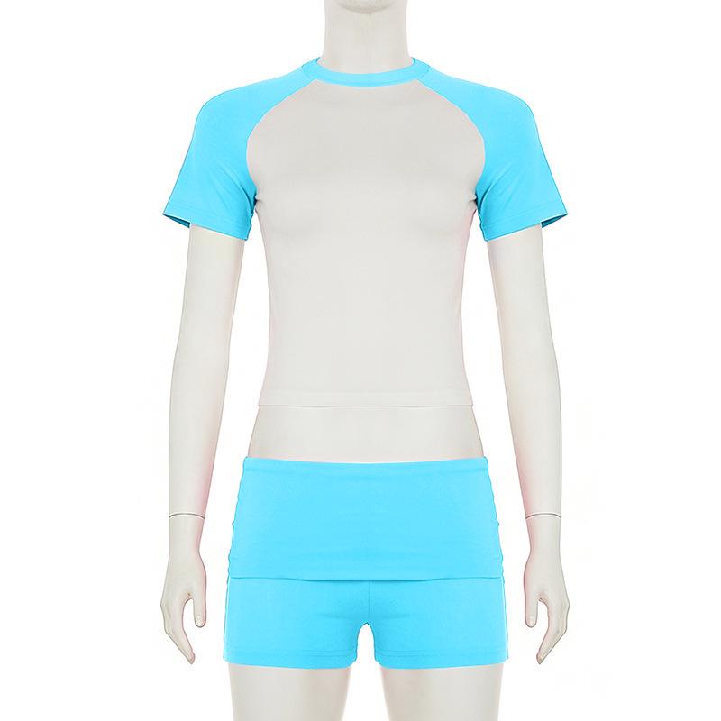 European-American Street Style Color Block Raglan T-shirt & High Waist Shorts Set - 2026 Hot Girl Casual Wear