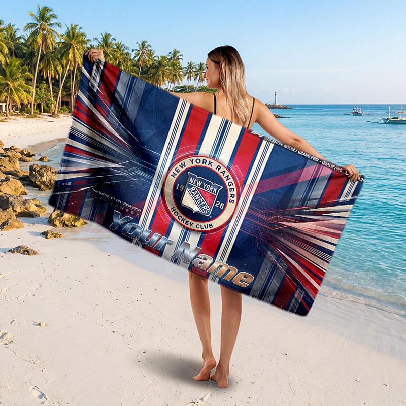 New York Rangers Customized Name Text Beach Towel, Soft Absorbent Towel Beach Pool Travel Personal Gift