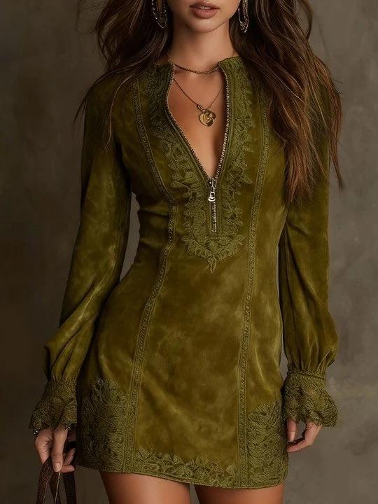 Women'S Zipper Lace Splicing V-Neck Long Sleeve Loose Embroidered Dress