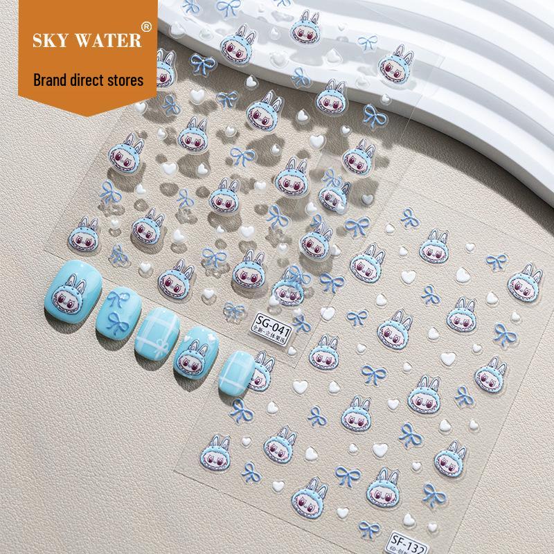 Sky Blue Nail Stickers: 6D Labubu Jelly Bow & White Heart Design