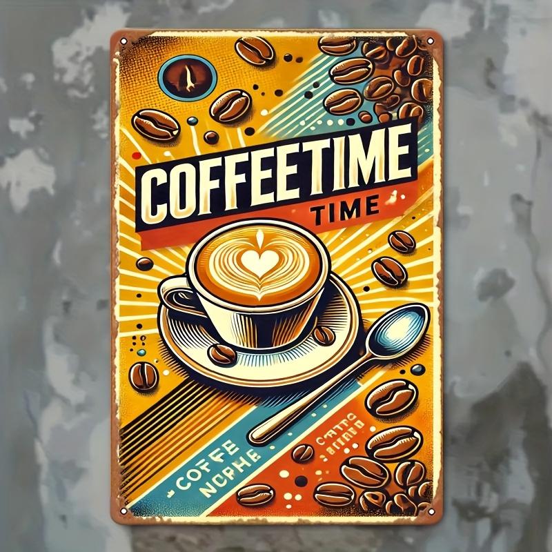 

2D Flat, Room Decoration 1pc, Coffee Time Illustration, Yellow Background- Vintage Metal Tin Painting, Art Decoration, Easy Inst 20X30CM