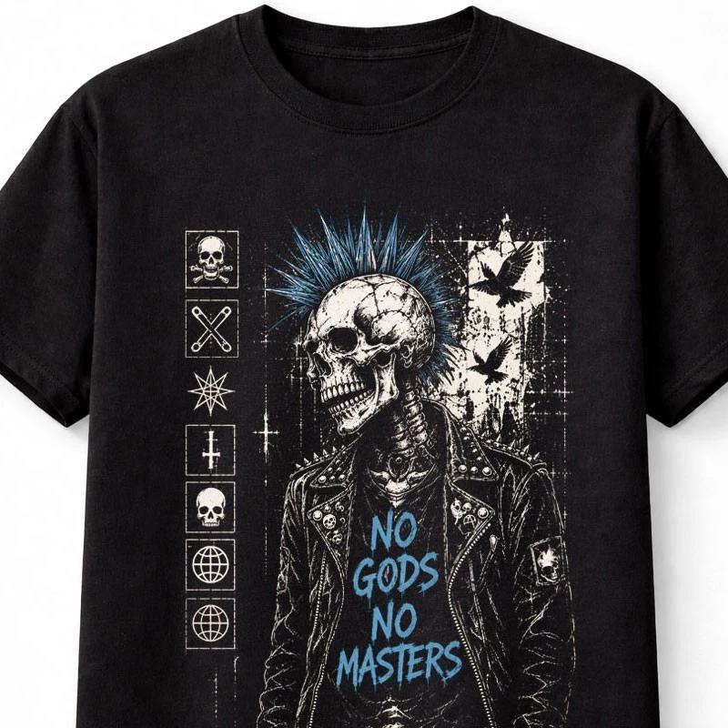No Gods No Masters Punk Skeleton Mohawk Skull Gothic Unisex TShirt S