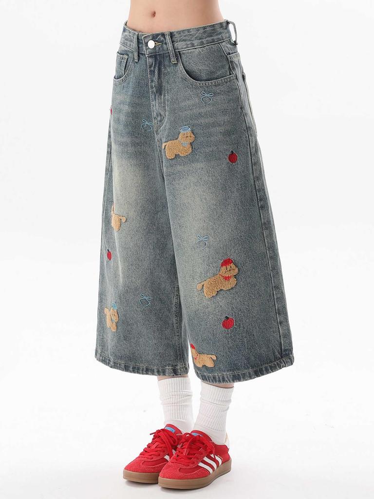 Women's Retro Cute Embroidered Puppy Chenille Denim Shorts - 2025 Summer Seven-Point Loose Fit