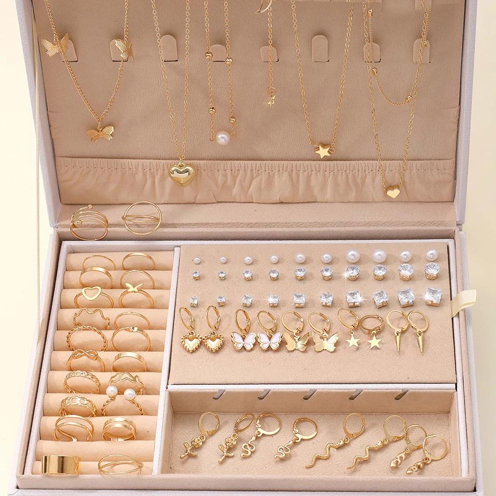84 Pcs/Pcs Vintage Elegance Imitation Pearl Zircon Butterfly Pendant Earrings Ring Necklace For Women Daily Wear Jewelry 2024