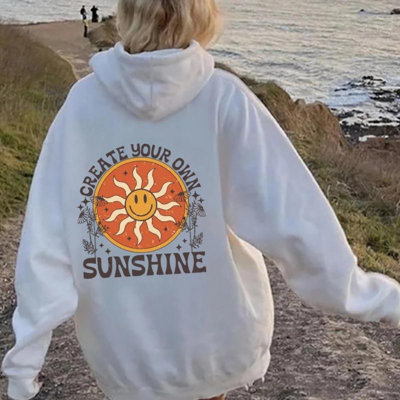 European size shoulder sleeves S---5XL women's fleece sweater plain letter print kangaroo pocket