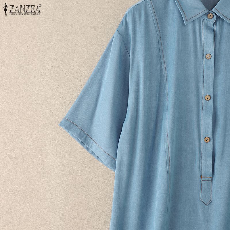 ZANZEA Women Casual Turn Down Collar Solid Color Half Sleeve Loose Shirt Dress