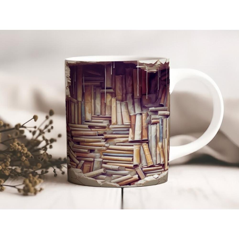 Library ceramic coffee mug bookshelf book fan tea cup reading