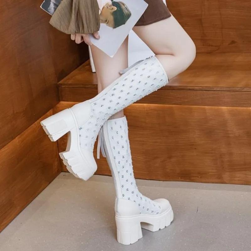New Women's Long Boots Knight Boots Cake Thick Bottom Slim Boots Coarse High Heel Mesh Increased Altitude Booties