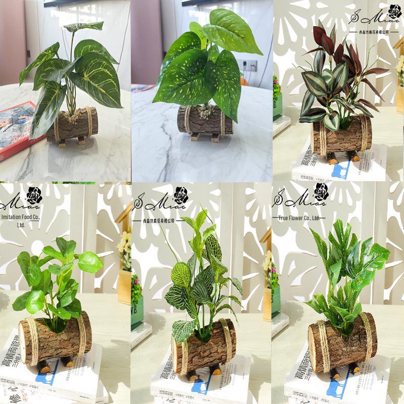 Creative Wooden Basin with Artificial Green Plant Bonsai Ornament for Display and Decoration.