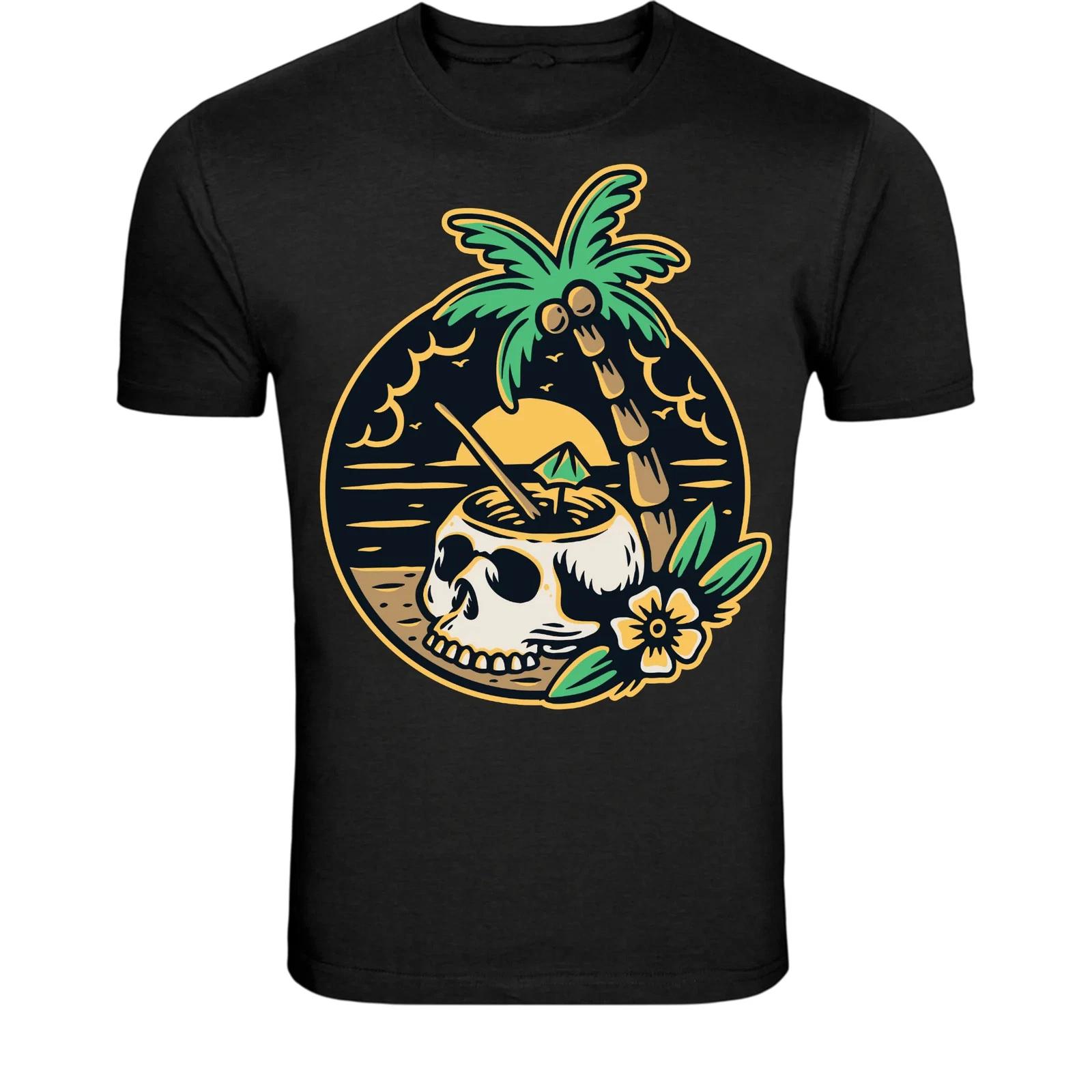 Tropical Skull Coconut Drink T-Shirt - Summer Beach Vibes S