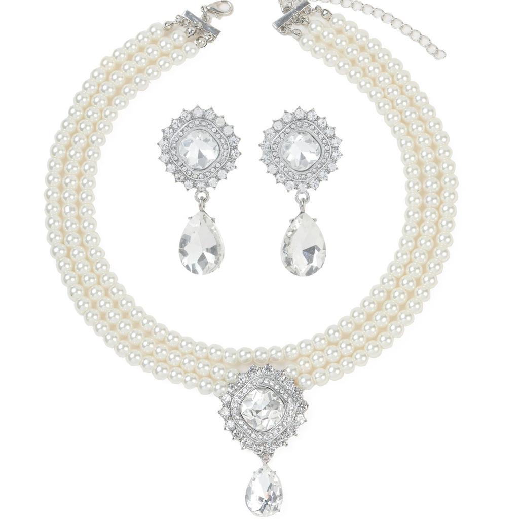 Square pearl necklace earrings two-piece set women's fashion high-end wedding dress popular jewelry