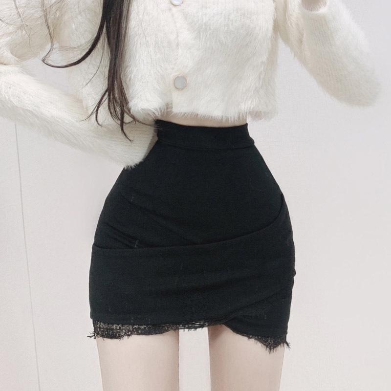 South Korea's Dongdaemun Lace Trim Sexy High Waist Slimming Mini Skirt for Women
