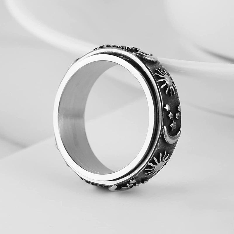 Star Moon Sun Rotating Titanium Steel Ring Unisex Bohemian Relief Anxiety Jewelry Accessories