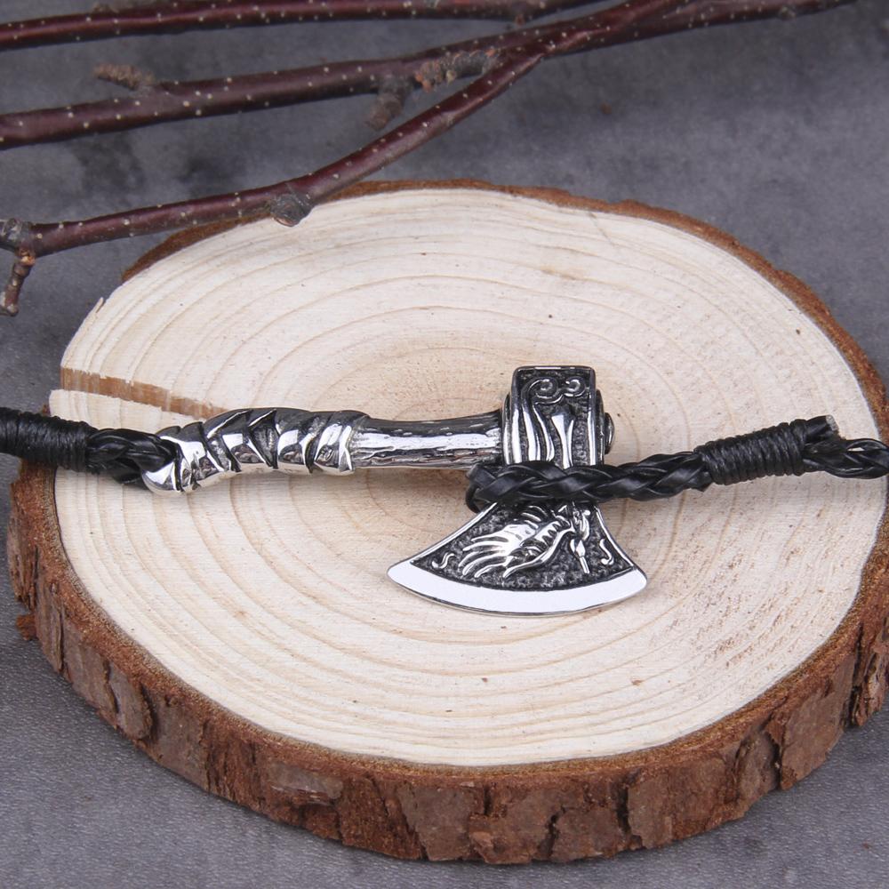 Viking Valknut Axe Leather Bracelet for Men Women Nordic Jewelry Gift with Wooden Box