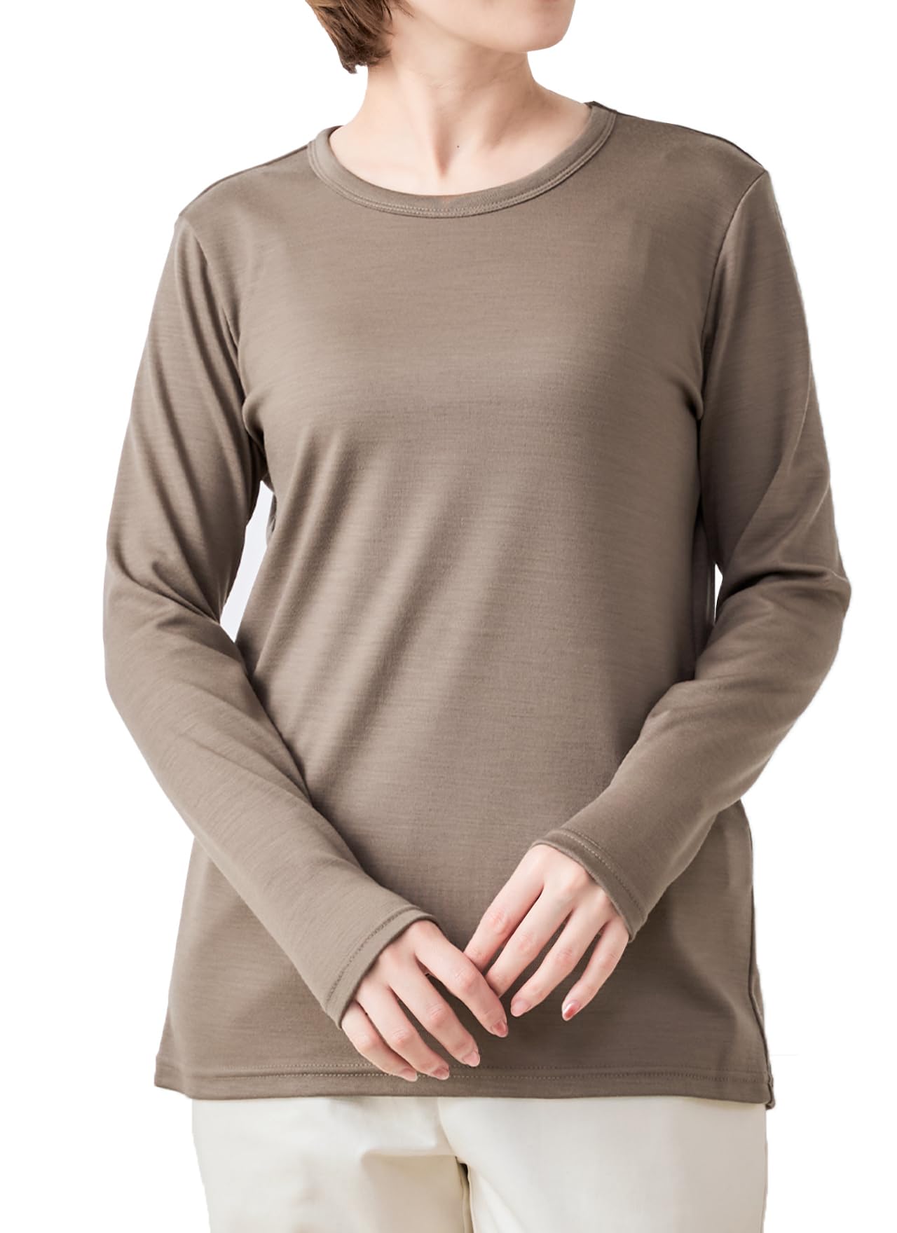 

910 Мериносовая шерсть Круглый вырез Сделано в Японии Крой и пошив Супер 120 С длинным рукавом Внутренний базовый слой Белье Альпинизм Однотонный А [SPAN] Футболка Женская