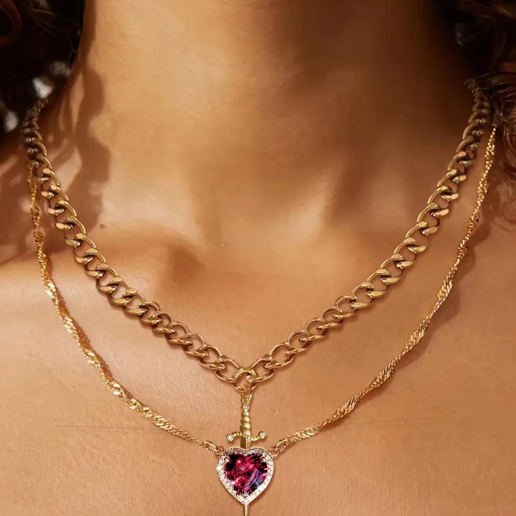 Crystal Heart and Swords Zircon Pendant Necklace for Women Men Adjustable Neckchain Silver/Gold Plated Chain Choker