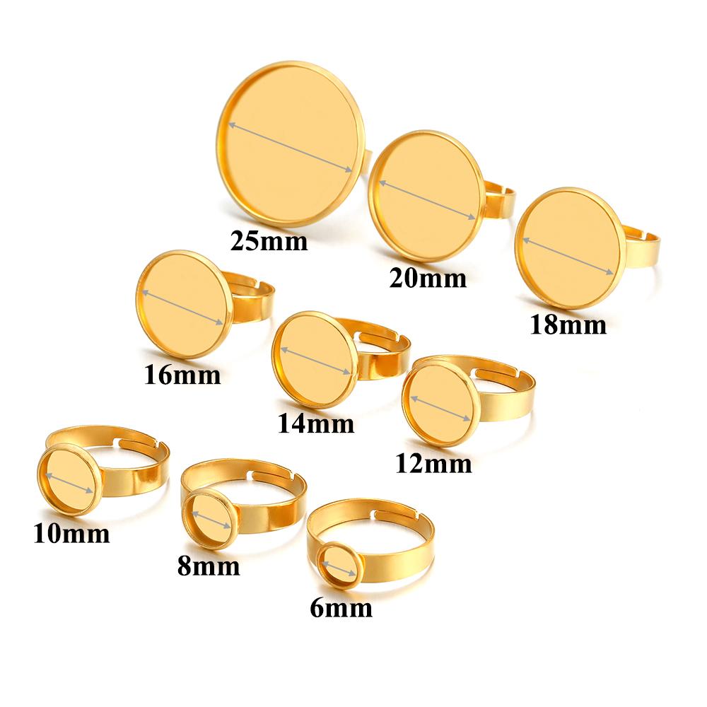 10pcs Gold Stainless Steel Adjustable Ring Settings Blank Base 8 10 12 20 25mm Cabochons Ring Bezel for Jewelry Making Supplies