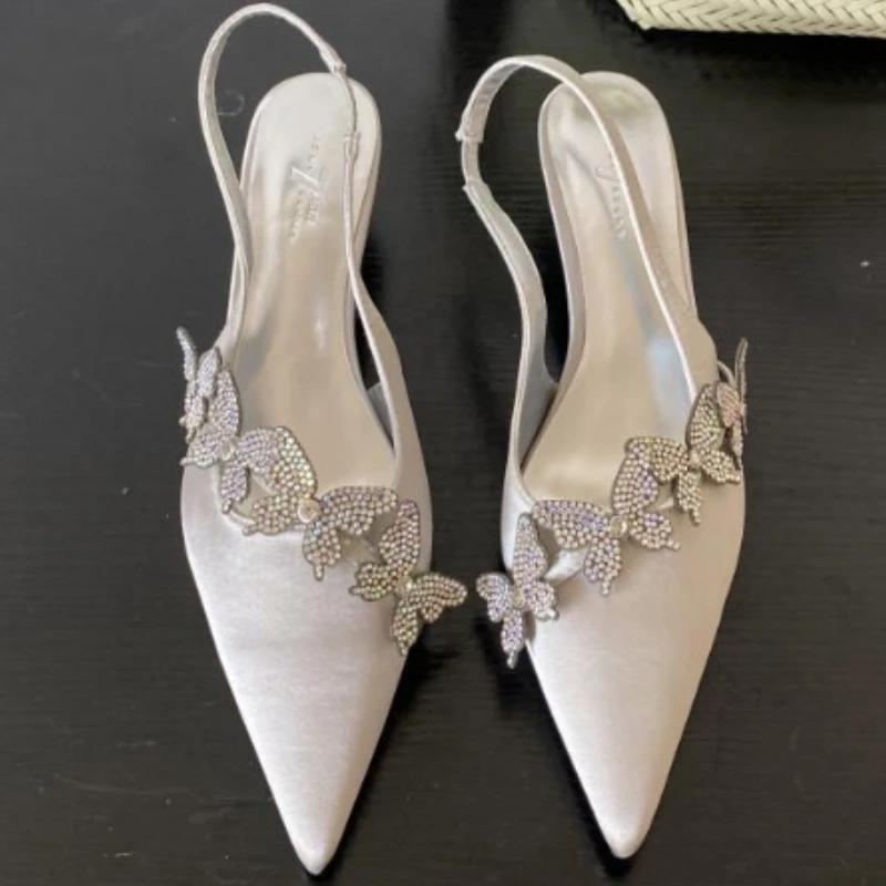Sexy Seide Strass Schleife Spitzzehe Dünner Niedriger Absatz Damen Einzelne Schuhe 2025 Elegant Kleid Bankett Schleife Marke Hohe Absätze Weiblich